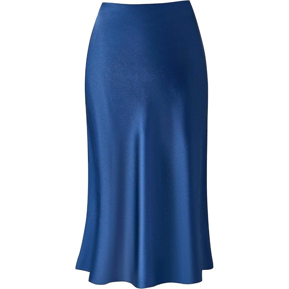 Women's Dark Blue Long Length Silk Satin High Waist Elastic Causal Midi Skirt - Picture 1 of 4